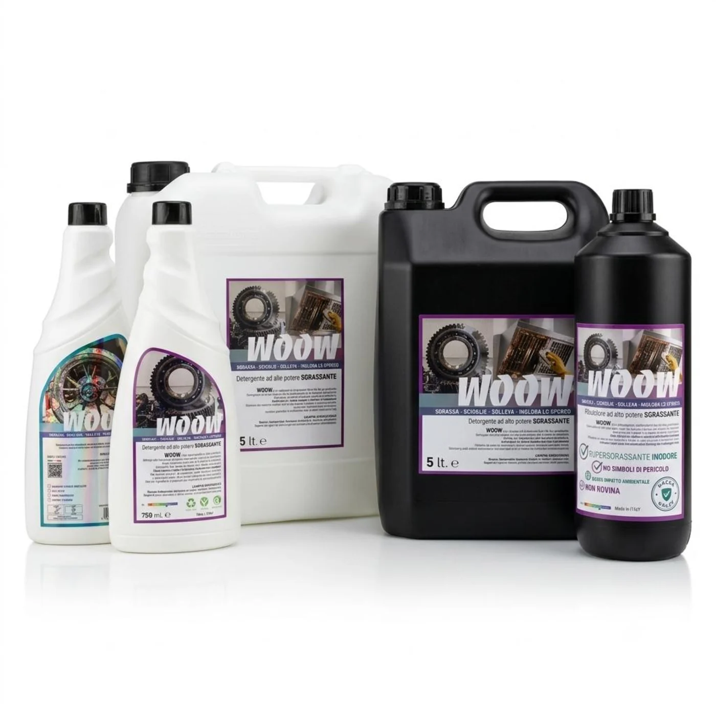 La gamma completa WOOW: formati da 750 ml, 1 litro e 5 litri